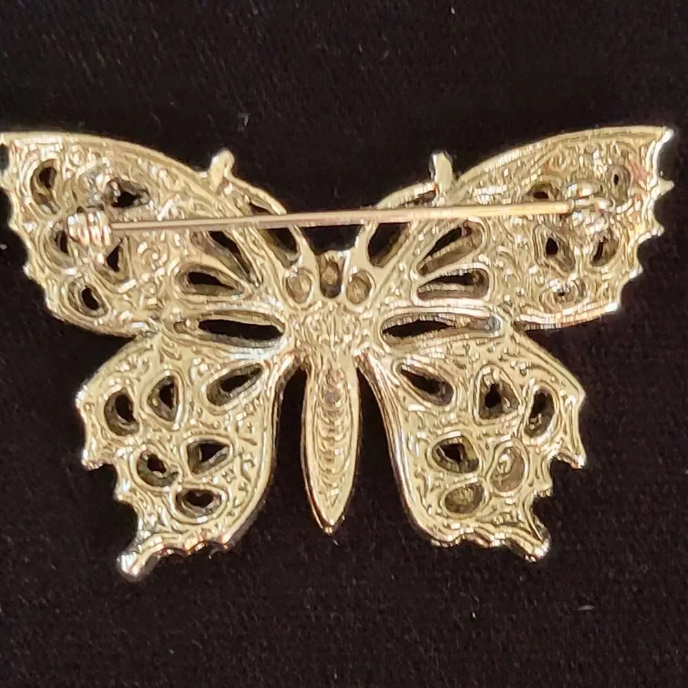 Vintage Butterfly Brooch Green Purple Rhinestone Faux Marcasite Cabochon Belly